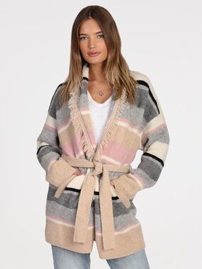 Dylan‎ Cardigan Sweater Belted Alpaca Blend Striped Cream Pink Gray Small